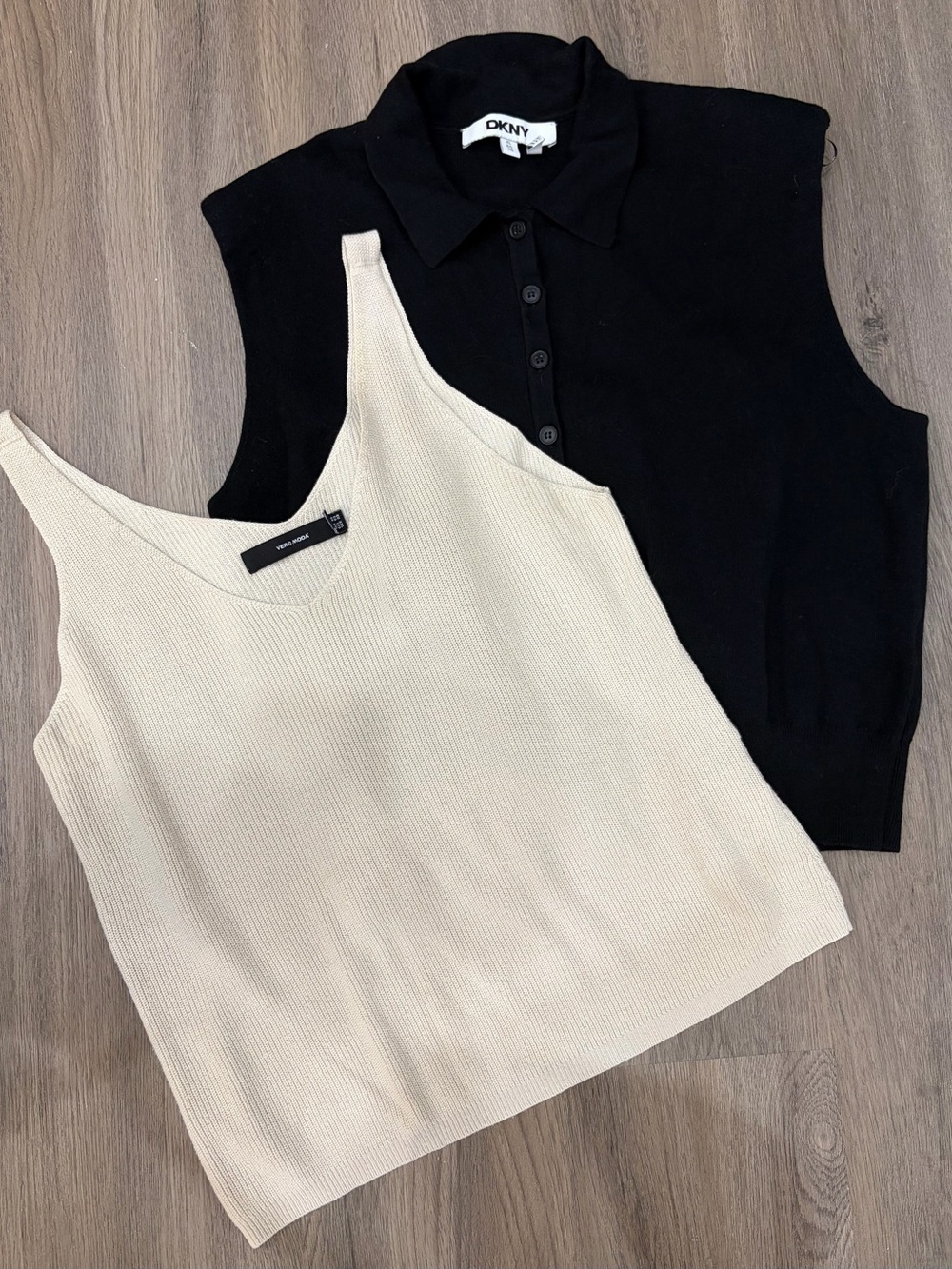 DKNY Black Button Polo Tank with Cream Ribbed V-Neck Shell